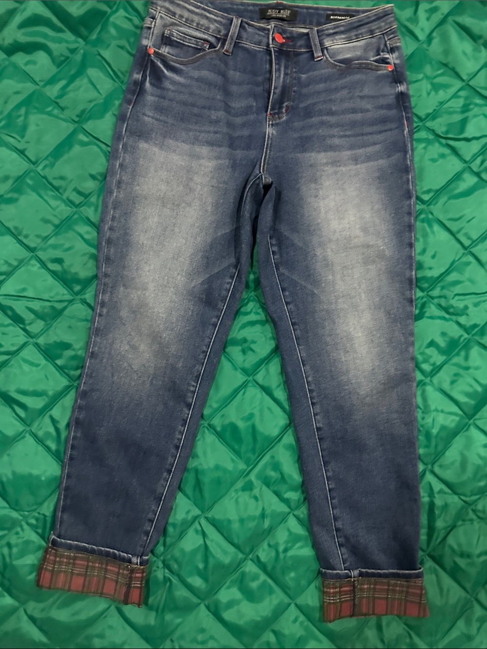 Judy Blue Faded Blue Jeans with Red Accents and Plaid Cuffs